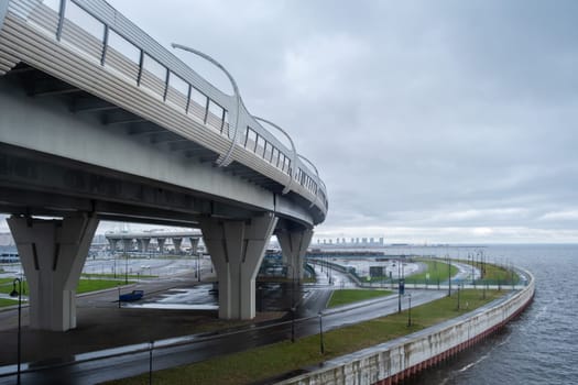 St. Petersburg, Russia - May 10, 2024. Western High-Speed Diameter overpass. Selective focus.