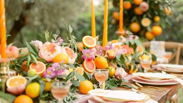 Table decor with fruits in citrus garden, holiday tablescape and dinner table setting, formal event decoration for wedding, family celebration, English country and home styling