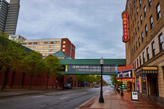 Early morning calm on a downtown Fort Wayne street, featuring Embassy Theatre and Grand Wayne Convention Center.