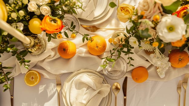 Table decor with fruits in citrus garden, holiday tablescape and dinner table setting, formal event decoration for wedding, family celebration, English country and home styling