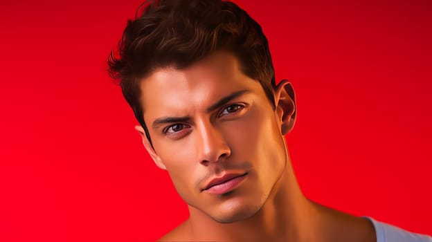 Portrait of an elegant sexy handsome serious Latino man with perfect skin, on a red background. Advertising of cosmetic products, spa treatments shampoos and hair care products, dentistry and medicine, perfumes and cosmetology for men