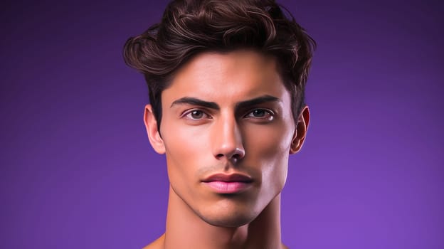 Portrait of an elegant sexy handsome serious Latino man with perfect skin, on a purple background. Advertising of cosmetic products, spa treatments shampoos and hair care products, dentistry and medicine, perfumes and cosmetology for men