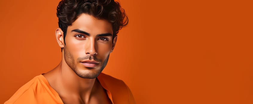 Portrait of an elegant sexy handsome serious Latino man with perfect skin, on an orange background. Advertising of cosmetic products, spa treatments shampoos and hair care products, dentistry and medicine, perfumes and cosmetology for men