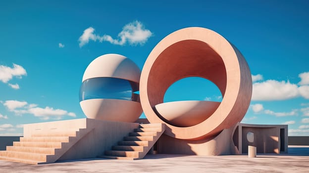 Abstract architecture surreal building. Dream scene with epic architectural abstraction under the blue sky. Generated AI