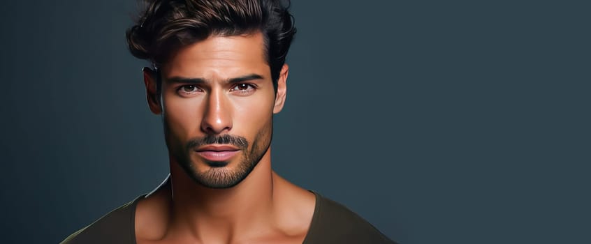 Portrait of an elegant sexy handsome serious Latino man with perfect skin, on a dark blue background. Advertising of cosmetic products, spa treatments shampoos and hair care products, dentistry and medicine, perfumes and cosmetology for men