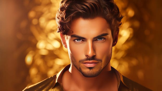 Portrait of an elegant sexy handsome serious Latino man with perfect skin, on a golden background. Advertising of cosmetic products, spa treatments shampoos and hair care products, dentistry and medicine, perfumes and cosmetology for men