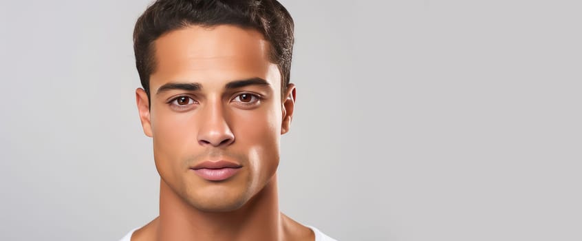Portrait of an elegant sexy handsome serious Latino man with perfect skin, on a white background. Advertising of cosmetic products, spa treatments shampoos and hair care products, dentistry and medicine, perfumes and cosmetology for men