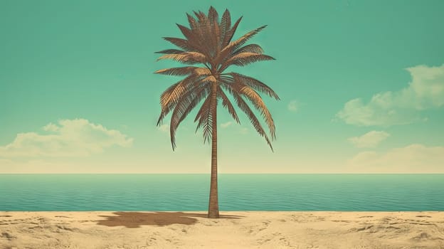 Palm tree on the sand of the beach. Vacation scene with palm on the shore line. Generative AI