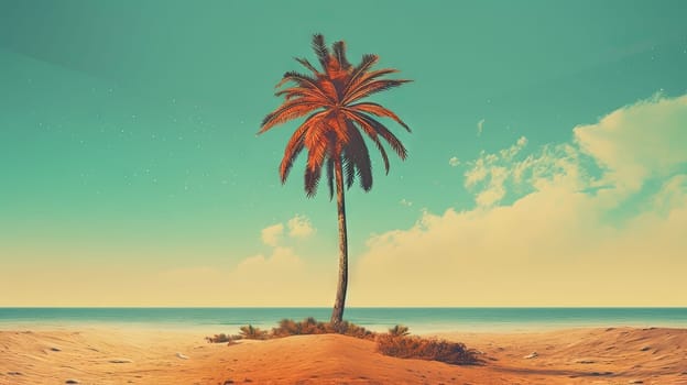 Palm tree on the sand of the beach. Vacation scene with palm on the shore line. Generative AI