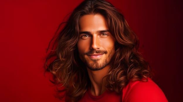 Portrait of an elegant sexy smiling Latino man with perfect skin and long hair, on a red background. Advertising of cosmetic products, spa treatments shampoos and hair care products, dentistry and medicine, perfumes and cosmetology for men