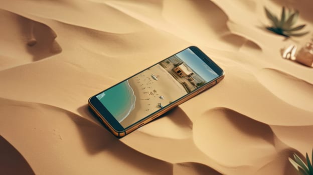 Smartphone in the sand of the beach. Vacation scene with phone on the shore line. Generative AI