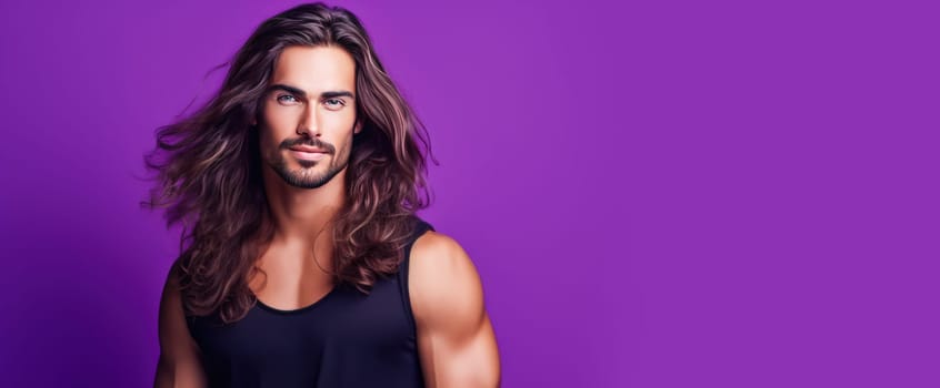 Portrait of an elegant sexy smiling Latino man with perfect skin and long hair, on a purple background. Advertising of cosmetic products, spa treatments shampoos and hair care products, dentistry and medicine, perfumes and cosmetology for men