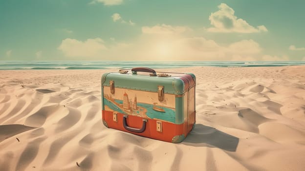 Suitcase in the sand of the beach. Vacation scene with travel case on the shore line. Generative AI