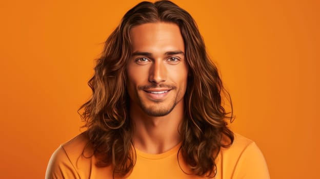Portrait of an elegant sexy smiling Latino man with perfect skin and long hair, on an orange background. Advertising of cosmetic products, spa treatments shampoos and hair care products, dentistry and medicine, perfumes and cosmetology for men