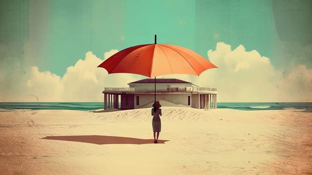 Umbrella on the hot sand of the beach. Grungy card with vacation scene of parasol on the shore line. Generative AI