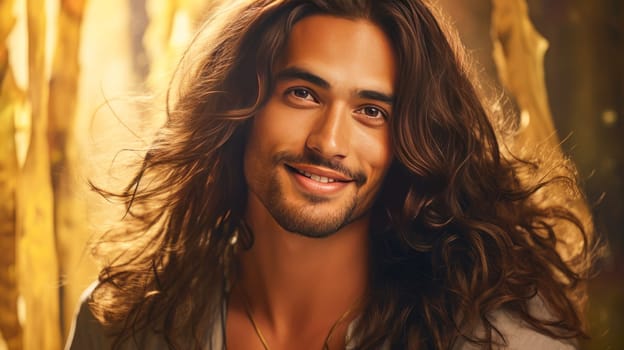 Portrait of an elegant sexy smiling Latino man with perfect skin and long hair, on a golden background. Advertising of cosmetic products, spa treatments shampoos and hair care products, dentistry and medicine, perfumes and cosmetology for men