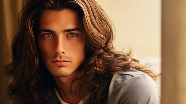 Portrait of an elegant sexy smiling Latino man with perfect skin and long hair, on a beige background. Advertising of cosmetic products, spa treatments shampoos and hair care products, dentistry and medicine, perfumes and cosmetology for men