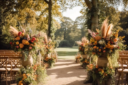 Wedding aisle, floral decor and marriage ceremony, autumnal flowers and decoration in the English countryside garden, autumn country style idea