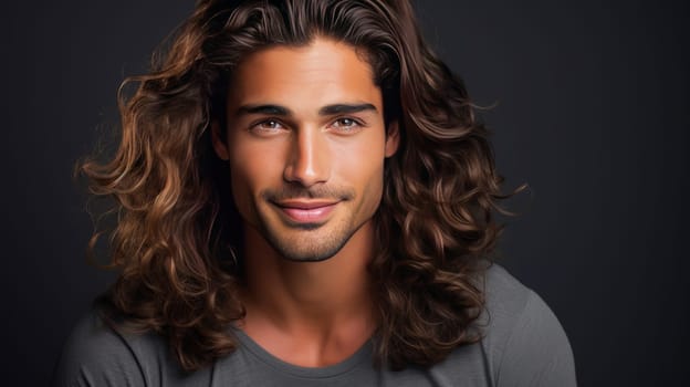 Portrait of an elegant sexy smiling Latino man with perfect skin and long hair, on a silver background. Advertising of cosmetic products, spa treatments shampoos and hair care products, dentistry and medicine, perfumes and cosmetology for men