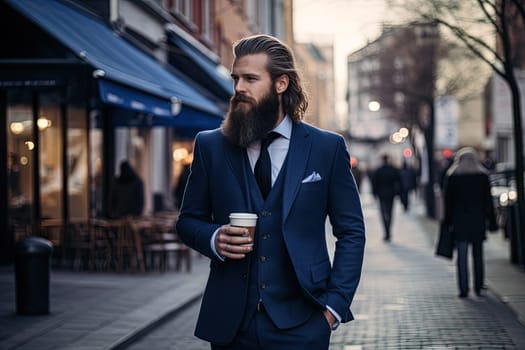 Businessman with huge beard, fashionable blue suit and a cup of coffee on the street. Generated AI