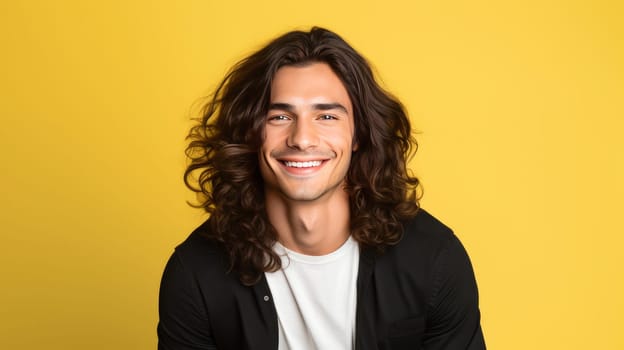 Portrait of an elegant sexy smiling Latino man with perfect skin and long hair, on a yellow background. Advertising of cosmetic products, spa treatments shampoos and hair care products, dentistry and medicine, perfumes and cosmetology for men