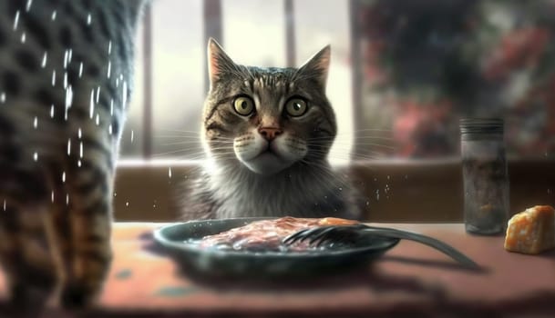 Hungry cat by the table, sadly staring. Cute kitten with the food. Generated AI