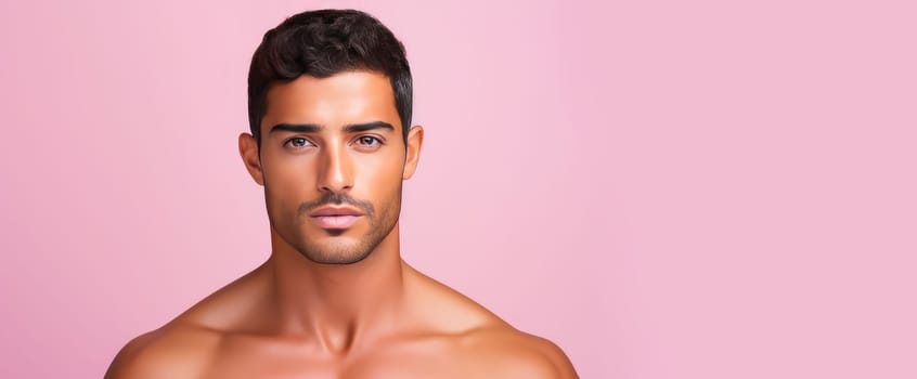 Portrait of an elegant sexy handsome Latino man with perfect skin, on a pink background. Advertising of cosmetic products, spa treatments shampoos and hair care products, dentistry and medicine, perfumes and cosmetology for men