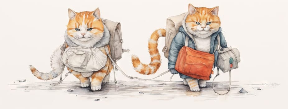 Cute cats family travelling with luggage. Watercolor styled kittens with suitcases. Generated AI