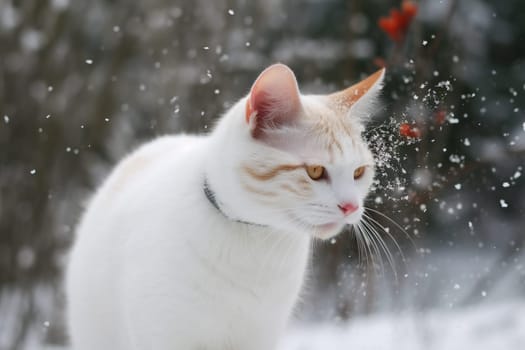 Cat playing in the snow in winter season. Cute kitten having fun with white snow. Generated AI