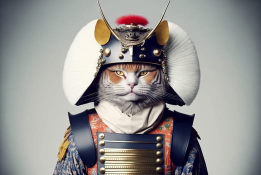 Cat samurai portrait in traditional vintage photography style. Japanese retro illustration with kitten warrior in kimono. Generated AI