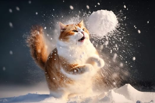 Cat smacked by snowball. Cute kitten with surprised and angry face, hit by snow during winter game. Generated AI