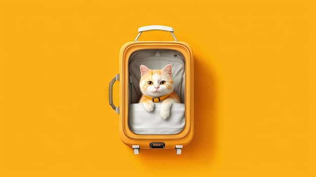 Cute white cat sitting in the suitcase. Sweet fluffy kitten is ready to travel. Generated AI