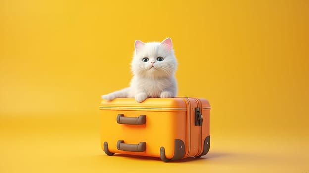 Cute white cat sitting in the suitcase. Sweet fluffy kitten is ready to travel. Generated AI
