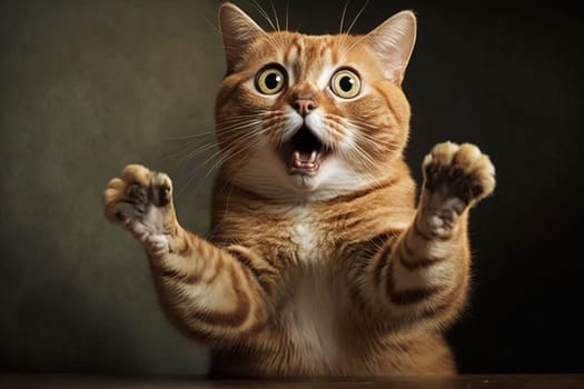 Funny surprised cat with a questioning pose. A cute kitten asks in surprise where the treats are. Generated AI