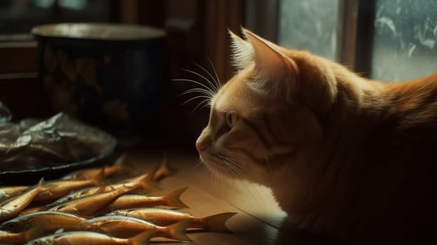 Cute cat watching the fish. Funny kitten sniffing the fish. Generated AI