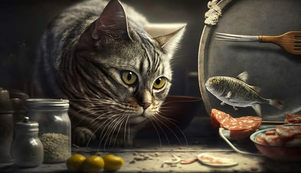 Cute cat watching the fish. Funny kitten sniffing the fish. Generated AI