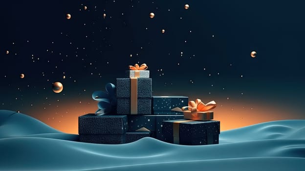 Group of Christmas gifts on blue background. Boxes with ribbons for winter holidays. Generated AI