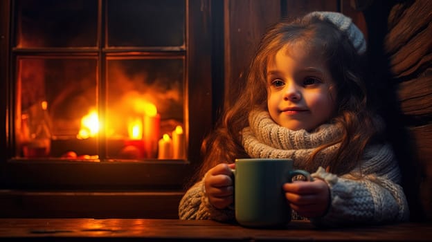 Little girl with cozy sweater drinks hot beverage cup on Christmas holidays. Generated AI