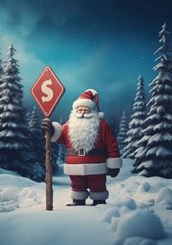 Santa with singboard on Christmas holidays. Road sign on winter track with Santa Claus. Generated AI