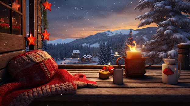 Cozy evening winter scene with relaxing Christmas attributes. Cup of warm drink, wool sock and candle. Generated AI