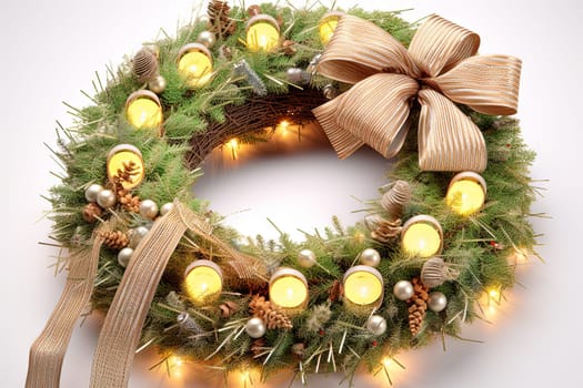 Christmas wreath with shiny baubles anr ribbon. Ornate wreath for winter holidays. Generated AI