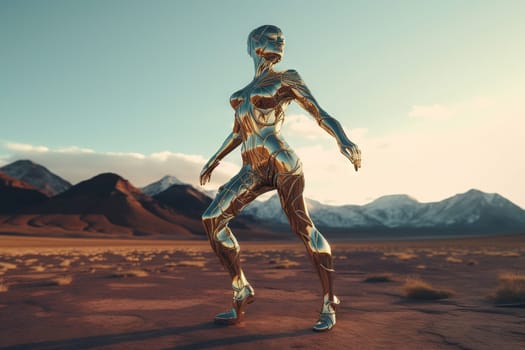 Crome robot woman dancing in the desert. Artificial intelligence rise and shiny. Mechanical beauty. Generated AI