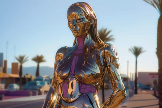 Crome robot woman portrait in the city. Artificial intelligence rise and shiny. Mechanical beauty. Generated AI