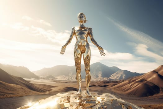 Crome robot woman posing with spread arms. Artificial intelligence rise and shiny. Mechanical beauty. Generated AI