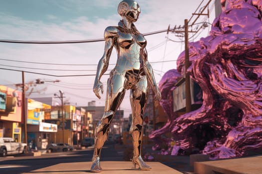 Crome robot woman standing in the desert. Artificial intelligence rise and shiny. Mechanical beauty. Generated AI