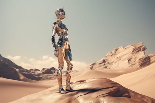 Crome robot woman standing in the desert. Artificial intelligence rise and shiny. Mechanical beauty. Generated AI