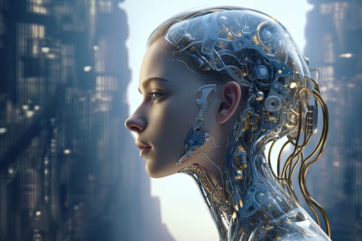 Cyborg or digitally improved human. Artificial intelligence and technology concept with advanced woman. Generated AI