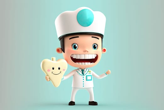 Funny dentist with tooth. Happy doctor smiling with all his teeth. Generated AI