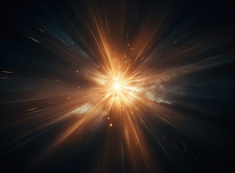 Sun flare with yellow rays and beams on dark background. Generated AI
