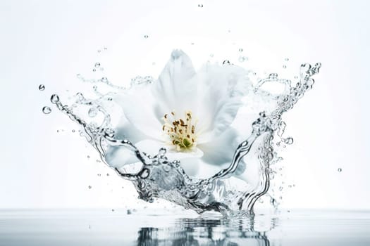 Flower in splashing water. Floral freshness concept with water drops for cosmetic, moisture and self-care packaging. Generated AI